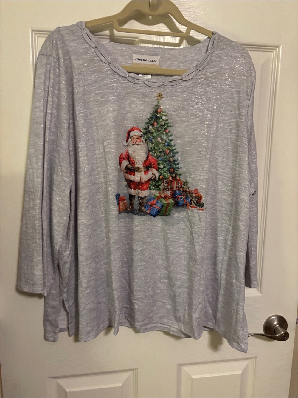 Alfred Dunner Light Gray Long Sleeve Tee with Santa and Christmas Tree